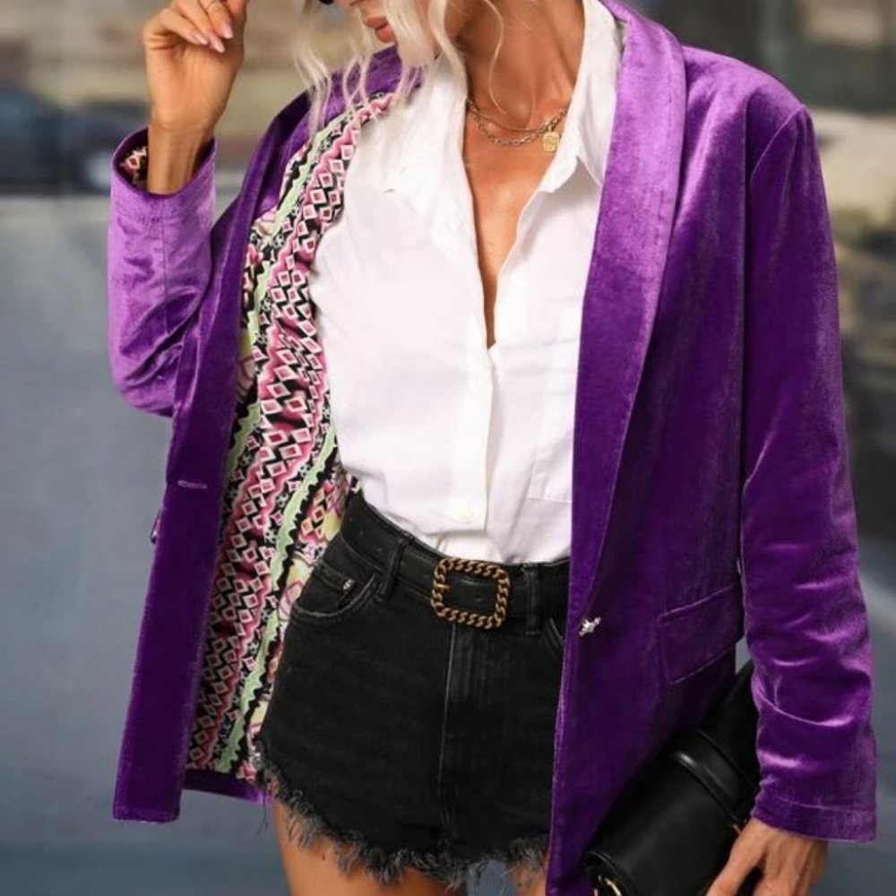 button closure Shawl Collar Velvet Blazer Purple - Picture 5 of 7